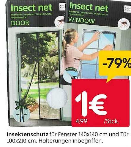 Insektenschutz für Fenster 140x140 cm und Tür 100x210 cm. Halterungen inbegriffen.
