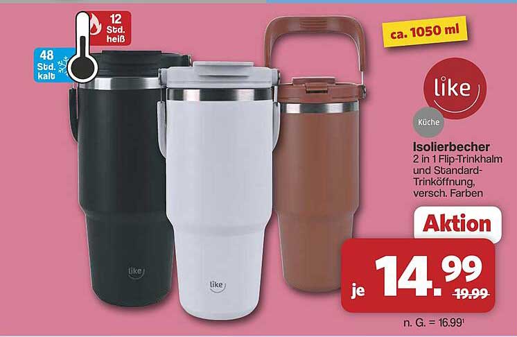 Isolierbecher 2 in 1 Flip-Trinkhalm und Standard-Trinköffnung, versch. Farben