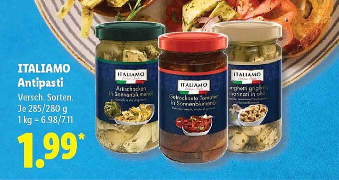 ITALIAMO Antipasti Versch. Sorten. Je 285/280 g 1 kg = 6.98/7.11
