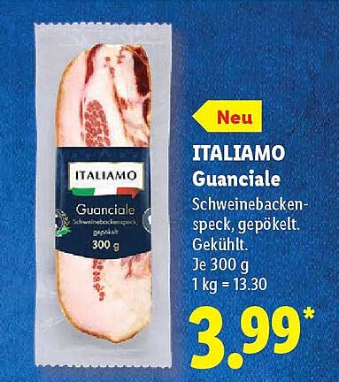 ITALIAMO Guanciale Schweinebäckenspeck, gepökelt. Gekühlt. Je 300 g 1 kg = 13.30