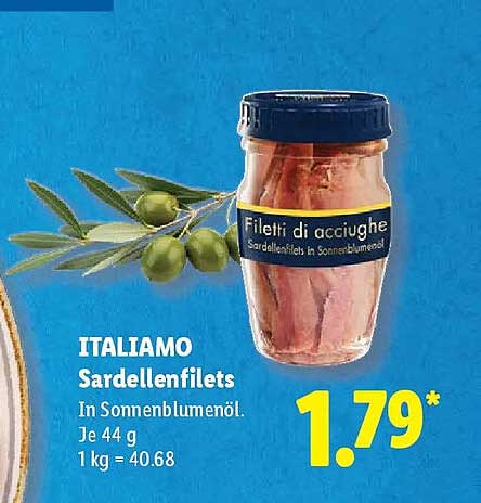 ITALIAMO Sardellenfilets In Sonnenblumenöl, Je 44 g, 1 kg = 40.68