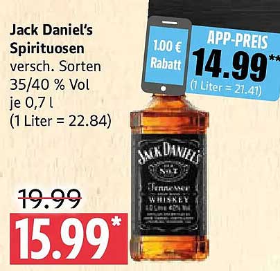 Jack Daniel's Spirituosen versch. Sorten 35/40 % Vol je 0,7 l (1 Liter = 22.84)