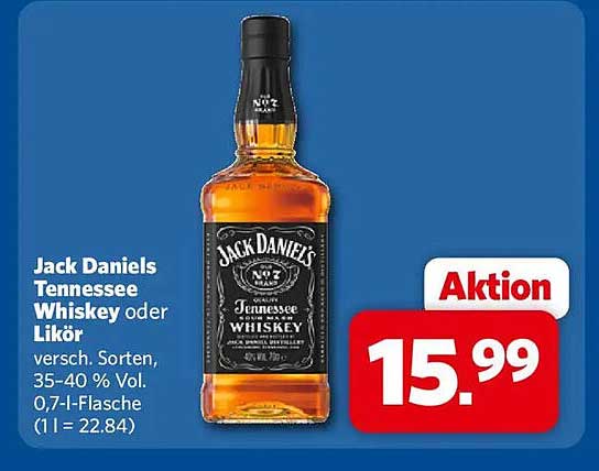 Jack Daniels Tennessee Whiskey oder Likör versch. Sorten, 35-40 % Vol. 0,7-L-Flasche (1 l = 22.84)