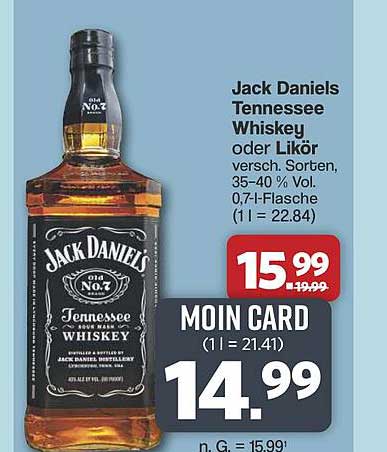 Jack Daniels Tennessee Whiskey oder Likör versch. Sorten, 35-40 % Vol. 0,7-l-Flasche (1 l = 22.84)