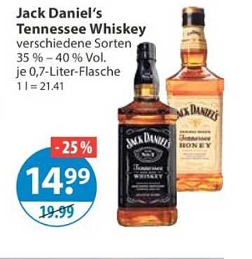 Jack Daniel's Tennessee Whiskey verschiedene Sorten 35 % – 40 % Vol. je 0,7-Liter-Flasche 1 l = 21.41