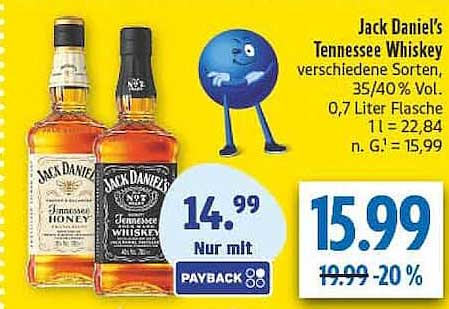 Jack Daniel's Tennessee Whiskey verschiedene Sorten, 35/40% Vol. 0,7 Liter Flasche 1 l = 22,84 n. G. = 15,99