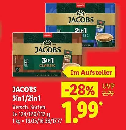 JACOBS 3in1/2in1 Versch. Sorten. Je 124/120/112 g 1 kg = 16.05/16.58/17.77