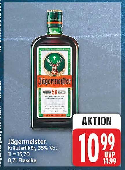Jägermeister Kräuterlikör, 35% Vol. 1L = 15,70 0,7l Flasche