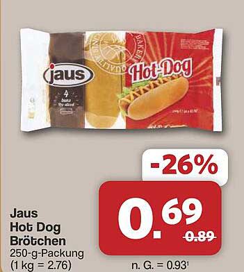 Jaus Hot Dog Brötchen 250-g-Packung (1 kg = 2.76)