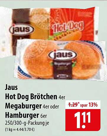 Jaus Hot Dog Brötchen 4er Megaburger 4er oder Hamburger 6er 250/300-g-Packung je