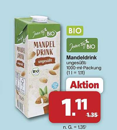 Jeden Tag BIO Mandeldrink ungesüßt 1000-ml-Packung (1 l = 1.11)