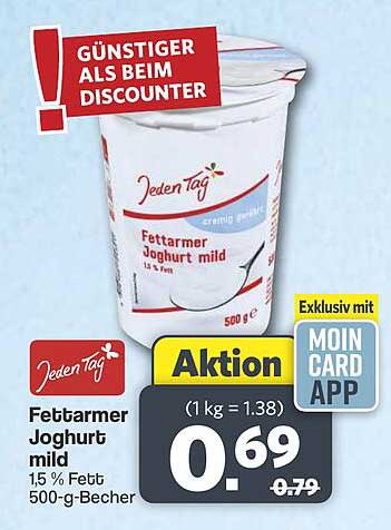 Jeden Tag Fettarmer Joghurt mild 1,5 % Fett 500-g-Becher