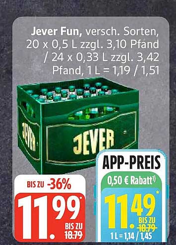 Jever Fun, versch. Sorten, 20 x 0,5 L zzgl. 3,10 Pfand / 24 x 0,33 L zzgl. 3,42 Pfand, 1 L = 1,19 / 1,51