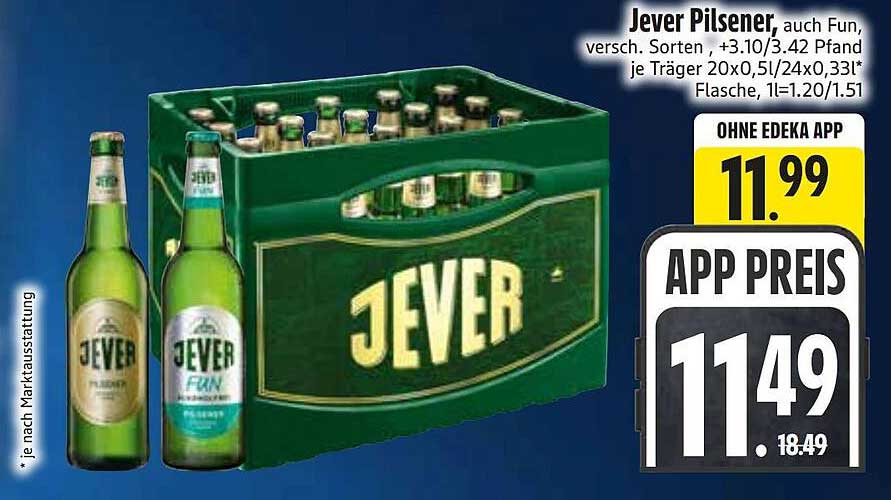 Jever Pilsener, auch Fun, versch. Sorten, +3.10/3.42 Pfand je Träger 20x0,5l/24x0,33l* Flasche, 1l=1.20/1.51
