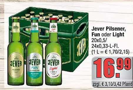 Jever Pilsener, Fun oder Light 20x0,5l/24x0,33-L-Fl. (1 L = € 1,70/2,15)