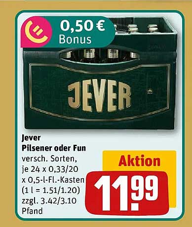 Jever Pilsener oder Fun versch. Sorten, je 24 x 0.33/20 x 0.5-l-Fl.-Kasten (1 l = 1.51/1.20) zzgl. 3.42/3.10 Pfand