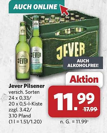 Jever Pilsener versch. Sorten 24 x 0,33l / 20 x 0,5-l-Kiste zzgl. 3.42/3.10 Pfand (1l = 1.51/1.20)