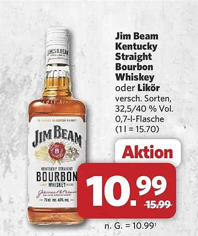 Jim Beam Kentucky Straight Bourbon Whiskey oder Likör versch. Sorten, 32,5/40 % Vol. 0,7-l-Flasche (1 l = 15.70)