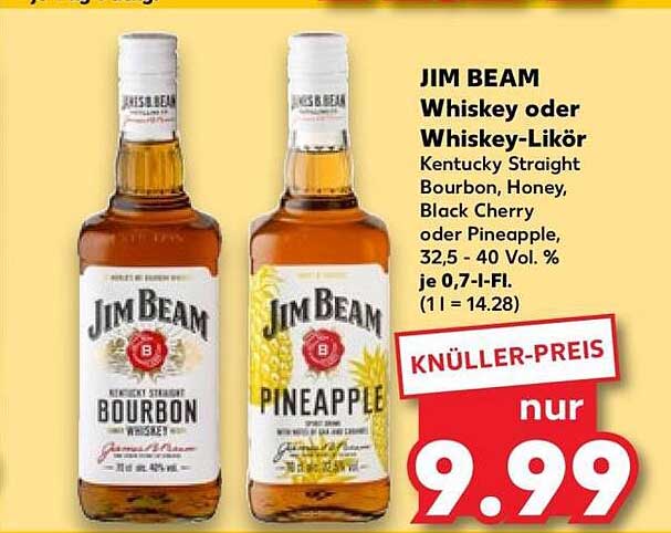 JIM BEAM Whiskey oder Whiskey-Likör Kentucky Straight Bourbon, Honey, Black Cherry oder Pineapple, 32,5 - 40 Vol. % je 0,7-l-Fl. (1 l = 14.28)