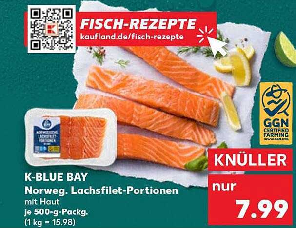K-BLUE BAY Norweg. Lachsfilet-Portionen mit Haut je 500-g-Pack. (1 kg = 15.98)
