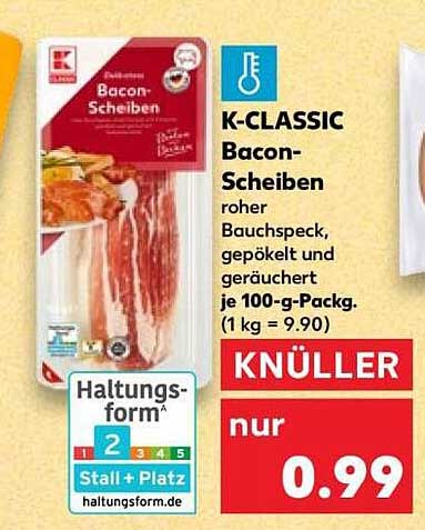 K-CLASSIC Bacon-Scheiben roher Bauchspeck, gepökelt und geräuchert je 100-g-Packg. (1 kg = 9.90)