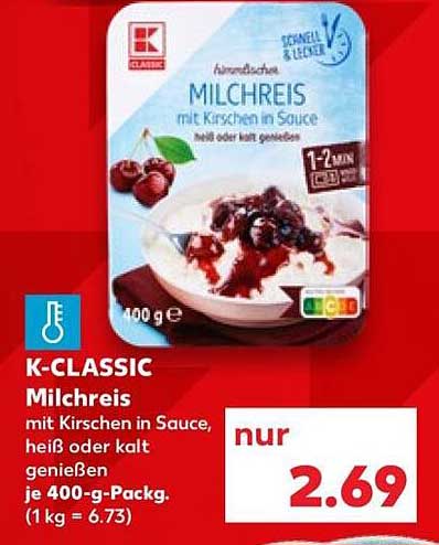 K-CLASSIC Milchreis mit Kirschen in Sauce, heiß oder kalt genießen, je 400-g-Packg.