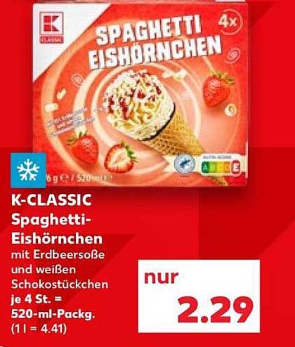 K-CLASSIC Spaghetti-Eishörnchen mit Erdbeersoße und weißen Schokostückchen je 4 St. = 520-ml-Pack. (1 l = 4.41)