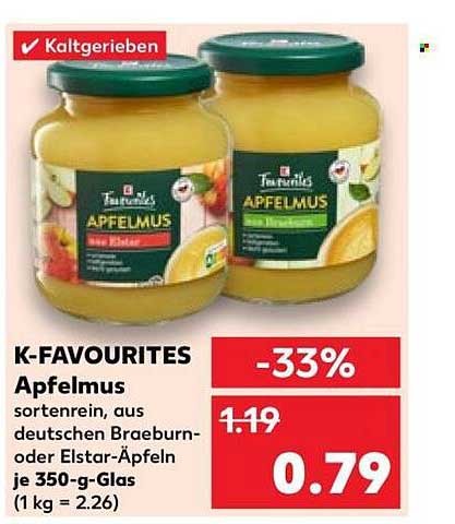 K-FAVOURITES Apfelmus sortenrein, aus deutschen Braeburn- oder Elstar-Äpfeln je 350-g-Glas