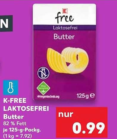 K-FREE LAKTOSEFREI Butter 82 % Fett je 125-g-Packg. (1 kg = 7.92)