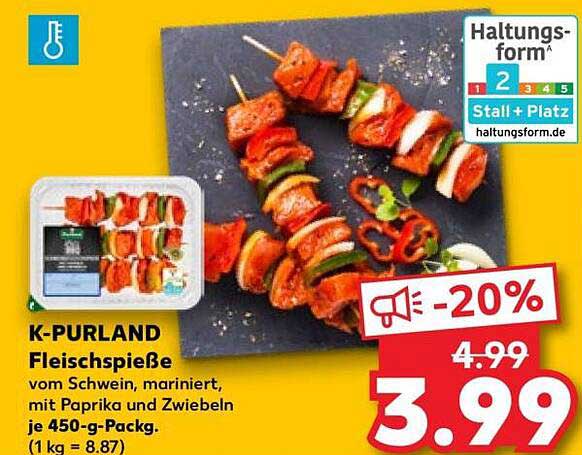 K-PURLAND Fleischspieße vom Schwein, mariniert, mit Paprika und Zwiebeln je 450-g-Packg. (1 kg = 8.87)