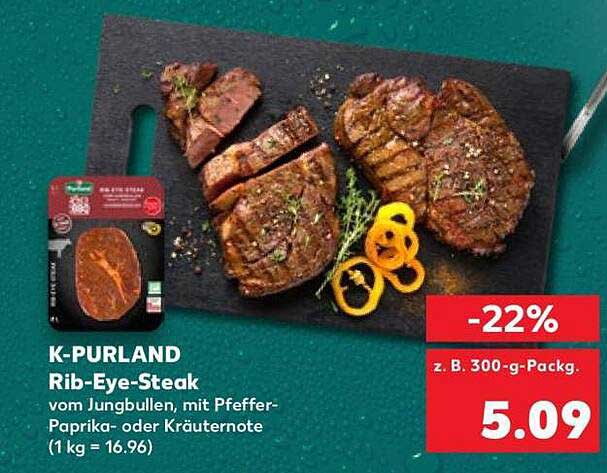K-PURLAND Rib-Eye-Steak vom Jungbullen, mit Pfeffer-Paprika- oder Kräuternote