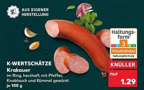 K-WERTSCHÄTZE Krakauer im Ring, herzhaft mit Pfeffer, Knoblauch und Kümmel gewürzt je 100 g