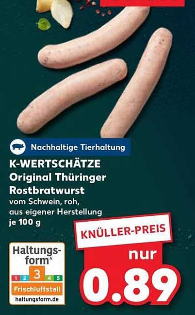 K-WERTSCHÄTZE Original Thüringer Rostbratwurst vom Schwein, roh, aus eigener Herstellung je 100 g