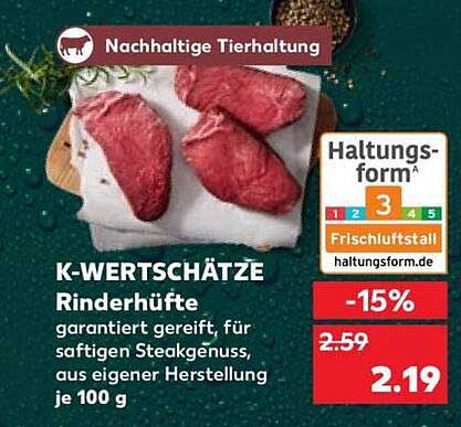 K-WERTSCHÄTZE Rinderhüfte garantiert gereift, für saftigen Steakgenuss, aus eigener Herstellung je 100 g