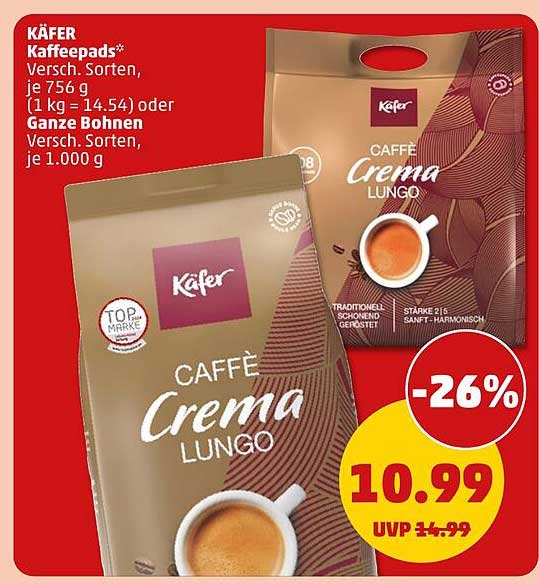 KÄFER Kaffeepads* Versch. Sorten, je 756 g (1 kg = 14.54) oder Ganze Bohnen Versch. Sorten, je 1.000 g