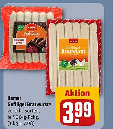 Kamar Geflügel Bratwurst* versch. Sorten, je 500-g-Pckg. (1 kg = 7.98)