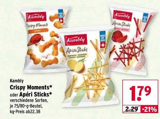 Kambly Crispy Moments* oder Apéri Sticks* verschiedene Sorten, je 75/80-g-Beutel, kg-Preis ab22,38