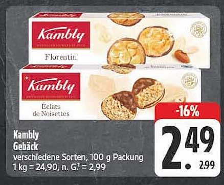 Kambly Gebäck verschiedene Sorten, 100 g Packung 1 kg = 24,90, n. G.¹ = 2,99