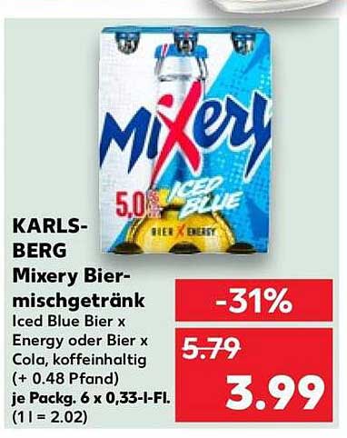 KARLS-BERG Mixery Biermischgetränk Iced Blue Bier x Energy oder Bier x Cola, koffeinhaltig (+ 0.48 Pfand) je Packg. 6 x 0,33-l-Fl. (1 l = 2.02)