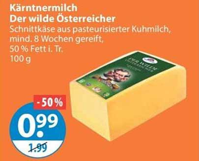 Kärntnermilch Der wilde Österreicher Schnittkäse aus pasteurisierter Kuhmilch, mind. 8 Wochen gereift, 50 % Fett i. Tr. 100 g