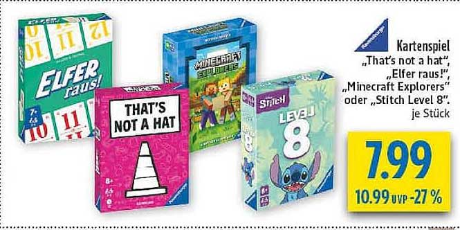 Kartenspiel „That's not a hat“, „Elfer raus!“ „Minecraft Explorers“ oder „Stitch Level 8“ je Stück