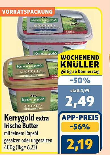 Kerrygold extra Irische Butter mit feinem Rapsöl gesalzen oder ungesalzen 400g (1kg=6,23)