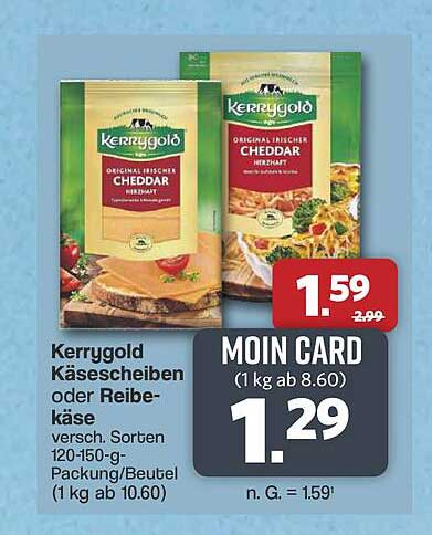 Kerrygold Käsescheiben oder Reibe-käse versch. Sorten 120-150-g-Packung/Beutel (1 kg ab 10.60)