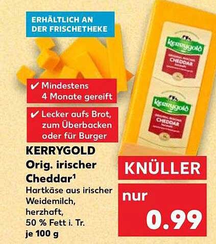 KERRYGOLD Orig. irischer Cheddar¹ Hartkäse aus irischer Weidemilch, herzhaft, 50 % Fett i. Tr. je 100 g