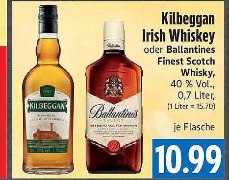 Kilbeggan Irish Whiskey oder Ballantines Finest Scotch Whisky, 40 % Vol., 0,7 Liter, je Flasche
