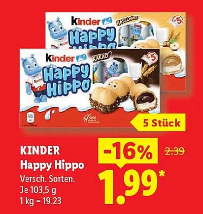 KINDER Happy Hippo Versch. Sorten. Je 103,5 g 1 kg = 19.23 5 Stück