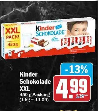 Kinder Schokolade XXL 450 g Packung (1 kg = 11.09)