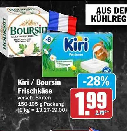Kiri / Boursin Frischkäse versch. Sorten 150-105 g Packung (1 kg = 13.27-19.00)