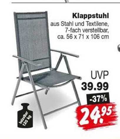 Klappstuhl aus Stahl und Textilene, 7-fach verstellbar, ca. 56 x 71 x 106 cm