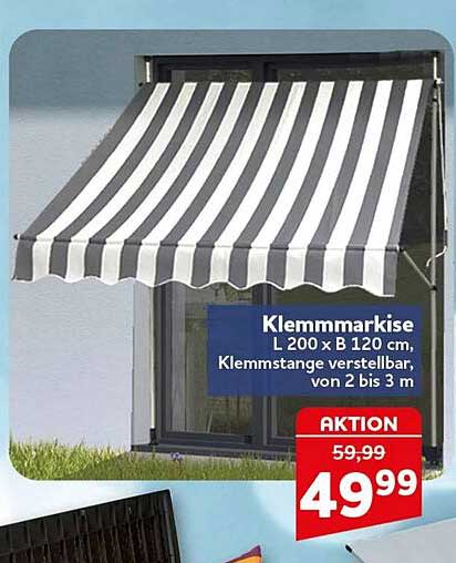 Klemmmarkise L 200 x B 120 cm, Klemmstange verstellbar, von 2 bis 3 m